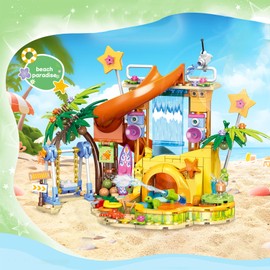 Geniteen Building Block Set,Beach Tent Construction Kit House Display Set,Starlight Stage Model Toy,Camping Vehicle Building Kit for Adults and Kids (Beach Park)