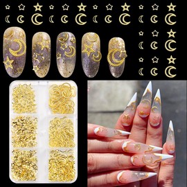 FSpronail 2Boxes Star Moon Mixed Hollowed-out Design Gold Nails Charms,Shiny Gold Pentagram Stars Crescent Shaped Nail Gems,3D Metallic Golden Nail Studs Jewelry Decoration Nails DIY Manicure Tweezers