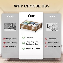 Under Bed Storage Containers With Wheels - 2 Pcs Bamboo Wood Rolling Underbed Shoe Storage Bins With Dust Bags for Clothes Blankets, Duvet Covers Snacks Toys (Walnut)