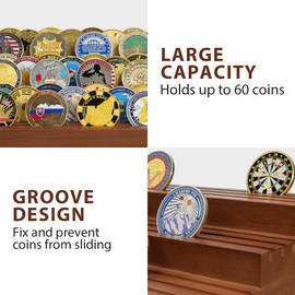 TJWZXX Challenge Coin Holder, 9 Rows Solid Wood Military Coin Display Stand Holds 60 Coins, Army Coin Rack Display Case for Desk Display