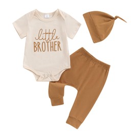 Baby Boy Clothes Little Brother Letter Short Sleeve Romper Top&Pants hat Going Gome Outfit Newborn (Yellow, 3-6 Months)