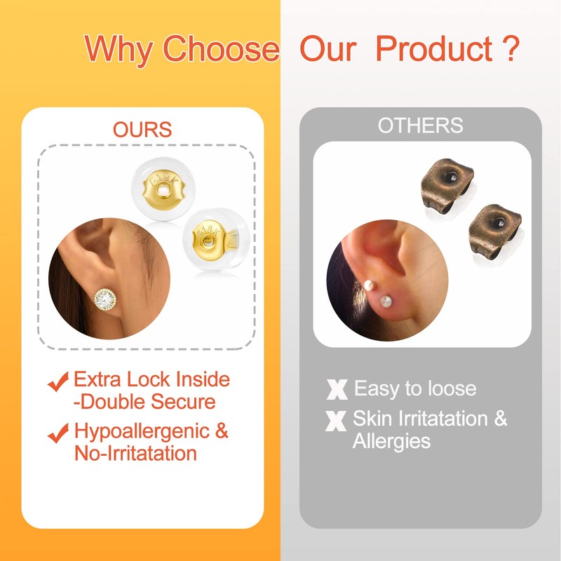 18K Gold Earring Backs for Studs, 16Pcs Comfortable Silicone Earring