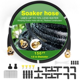 Soaker Hose 150 FT Pro for Garden Beds 1/2 Inch Rubber Longer Lasting Drip Irrigation Save 70% of Water Various Accessories Great for Lawn and Yard