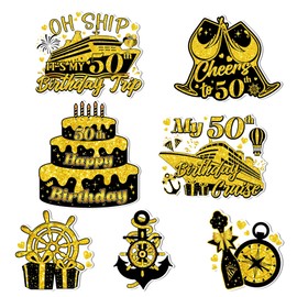Cruise Door Magnets Decorations Stickers - 16 Pcs Balck and Gold 50th Birthday Cruise Ship Door Decorations Waterproof Cruising Essentials for Carnival Cabin Refrigerator Decor
