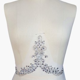 Handmade Beaded Sequin AB Color Bling Sew On Neckline Rhinestone Crystal Trim Bridal Applique Design Patch Sewing for Wedding Dresses DIY Decoration 20x34cm (Silver Color)