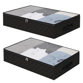 Fixwal Black Underbed Storage Bags with Clear Window and 2 Reinforced Handles Under Bed Storage Containers for Clothing, Bedding, Comforter（2 Pack）