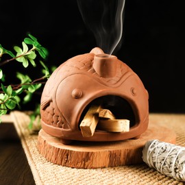 MOUGIGI Large Fish-Shaped Terracotta Palo Santo Holder - Cone Burner for Sage,Chiminea Incense Dish with Chimney,Ideal for Meditation, Zen, Yoga, Spa & Wellness | Anxiety & Stress Relief Items