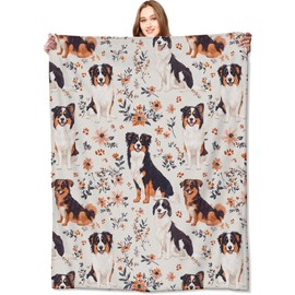VODRM Australian Shepherd Blanket,50x60in,Cute Dog with Floral Accents Throw Blankets,Gifts for Kids Women & Pet Lovers, Lightweight Soft Fleece Cozy,for Sofa Couch Bed Room Travel Decor