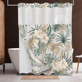 Tititex No Hooks Snap in Liner Green Gold Leaves White Floral Shower Curtain, Hotel Luxury Double Layers Waterproof Fabric & See-Through Top Window Bathroom Decorative 72x72 Inch