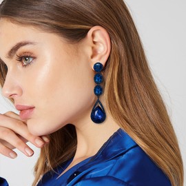 Flyonce Women's Rhinestone Crystal Wedding Fashion Long Teardrop Dangle Chandelier Earrings Navy Blue Black-Tone