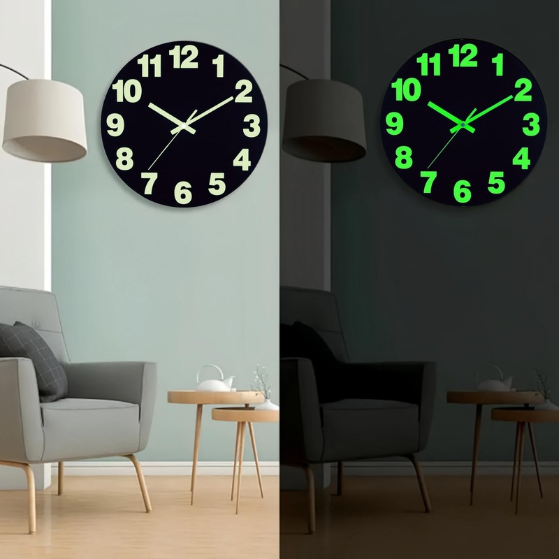 AIENAI 12 inch Vinyl Black Clock, Battery Powered, Glowing in