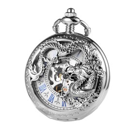 TREEWETO Mens Antique Skeleton Mechanical Silver Pocket Watch