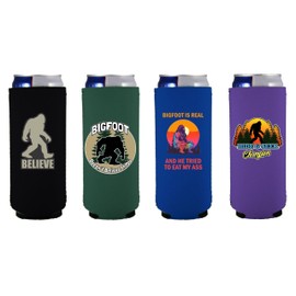 Bigfoot Funny Slim Can Coolie Designs 4 Pack