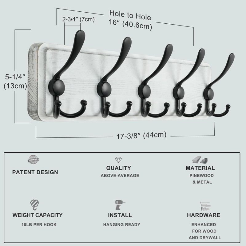 Dseap Coat Rack Wall Mounted - 5 Tri Hooks, Heavy
