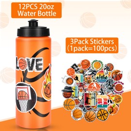 RhythmFit 12 Pack Basketball Water Bottle Bulk with 300PCS Stickers Gift Set, Squeeze Sports BPA-Free Reusable Water Bottles for Boys Basketball Team Party Favors Gift(20OZ)