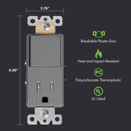 ENERLITES Switch and Outlet Combo, Combination Decorator Paddle Switch 15A/120VAC with Tamper-Resistant Receptacle Outlet 15A/125VAC, Residential/Commercial Grade, UL Listed, 68625-TR-GY, Gray (Grey)