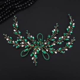 Teyglen Bride Crystal Wedding Hair Vine Green Rhinestone Hair Piece Bridal Crystal and Pearl Beads Headdband Boho Headpiece Hair Accessories for Women Girls (Green)