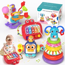 4 in 1 Baby Toys for 6-12 Months, Infant Sensory & Stacking for 1 Year Old, Dinosaur Busy Cube Toys for Babies 6-9-12 Months, Piano Xylophone Musical Travel Toy, Christmas Birthday Gifts for Toddler