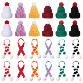 Bencailor 24 Pcs Mini Christmas Hats and Mini Scarf Set, Mini Knitting Doll Hat Scarf Santa Snowman Hat Scarf Ornaments for DIY Craft Art Doll Decoration (Cute Color)
