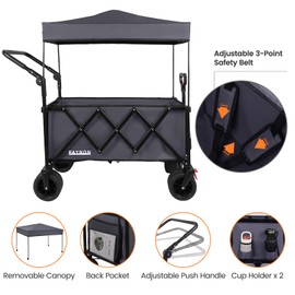 3 in 1 Collapsible Wagon with 300lbs Weight Capacity,150L Heavy Duty Utility Cart with Removable Canopy,with Big All-Terrain Beach Wheels & Drink Holders,Gray