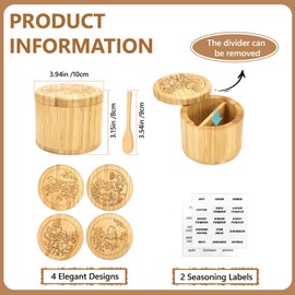 RETON Bambus-Salzbox mit Trennwand, Salzkeller, Gewürzbehälter, Gewürz- und Pfefferbox aus Holz mit magnetischem Drehdeckel und Löffel, Salzdarmgläser aus Holz zum Würzen von Salz, Pfeffer, Gewürze