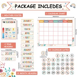 Boho Rainbow Classroom Calendar Set - Boho Bulletin Board Calendar with Numbers, Month Weather for Classroom Decor