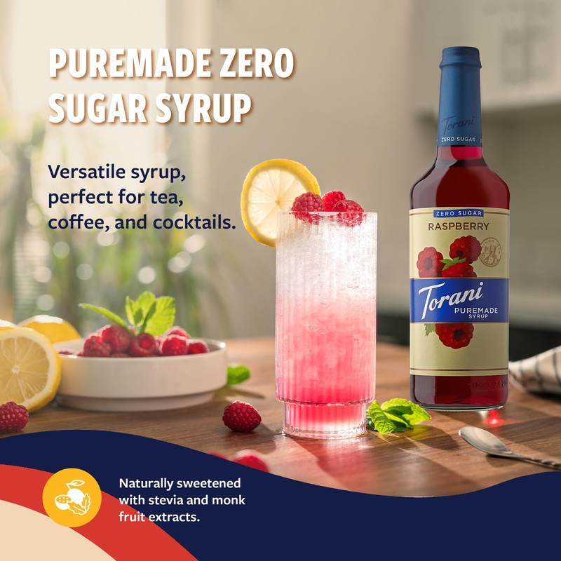 Torani Zero Sugar Puremade Syrup, Raspberry Flavoring for Drinks, Glass
