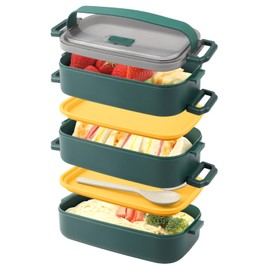 Bento Box,Bento Lunch Box for Adults and Kids,3 Layer Food Storage Containers,Leakproof Bento Lunch Box with Fork,Spoon, Suitable for Adults Lunch Box for Work Office School (2.25L Green,PP Material)