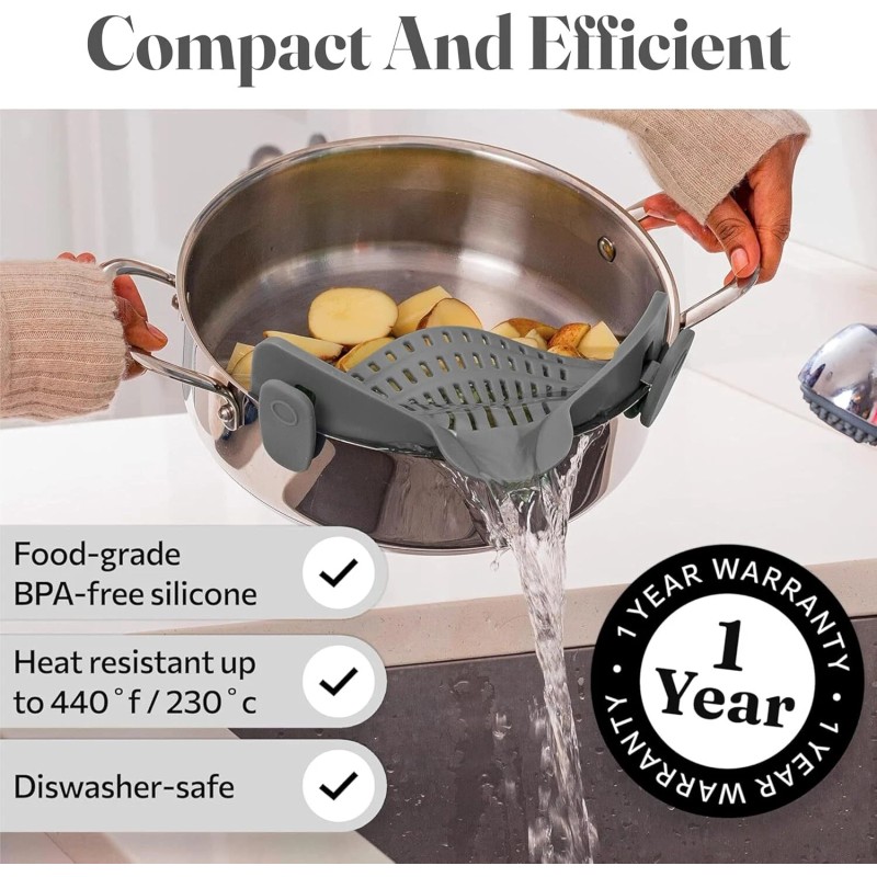 Kitchen Gizmo Hands Free Clip On Strainer Gray Silicone Dishwasher