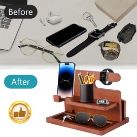 PCXWTLN Gifts for Men Bedside Organiser, Wooden Phone Docking Station, Key Holder Wallet Watch Stand, Gadgets for Men, Ideas Birthday Gifts for Dad Grandad from Son Daughter Ideas Presents