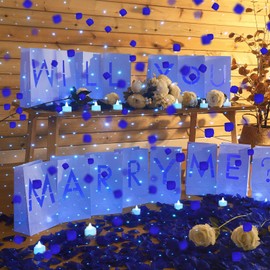 Coume 2051 Pcs Proposal Decorations Kit 15 Will You Marry Me Sign Luminary Paper Bags 2000 Rose Petals 36 Heart Flameless Candles with USB Romantic Night Light for Proposal Wedding Party(Blue)