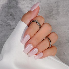 KQueenest Pastel Pink Press On Nails Long Square - Summer Press On Nails Medium Coffin, Sheer Soft Dusty Pink Fake Nails with Glue, Glossy Opaque, Reusable Soft Gel Glue on Nails for Women, 24 Pcs