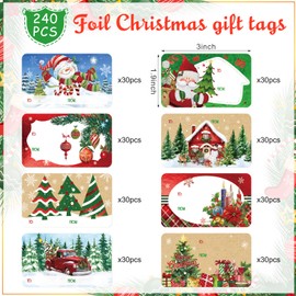 240Pcs Foil Christmas Stickers Labels,8 Style Christmas Name Tag Sticker for Gifts,Xmas Tree Santa Snowman Self Adhesive Holiday Present Table for Winter Birthday Christmas Gifts Wrapping Decorations