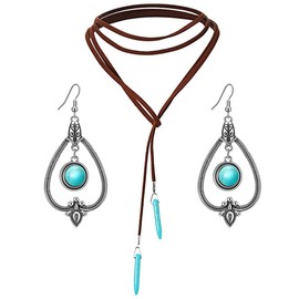 CUSIOALQQ 2Pcs Vintage Style Bohemian Turquoise Western Jewelryset for Women Boho Faux Dainty Native-Inspired Jewelry Retro Turquoise Stone Hollow Out Earrings Gift for Women