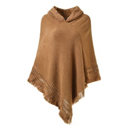 Ferand Women's Hooded Poncho with Crochet Cape with Fringe Hem for Autumn Winter, Camel