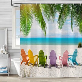 Ocean Scenic Shower Curtain Colorful Beach Chairs Funny Bathroom Curtains Tropical Nature Landscape Summer Palm Tree Hawaiian Coastal Seaside Scenery Bathtub Decor Set with Hooks 70W x 70H inch