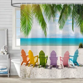 Ocean Scenic Shower Curtain Colorful Beach Chairs Funny Bathroom Curtains Tropical Nature Landscape Summer Palm Tree Hawaiian Coastal Seaside Scenery Bathtub Decor Set with Hooks 70W x 70H inch