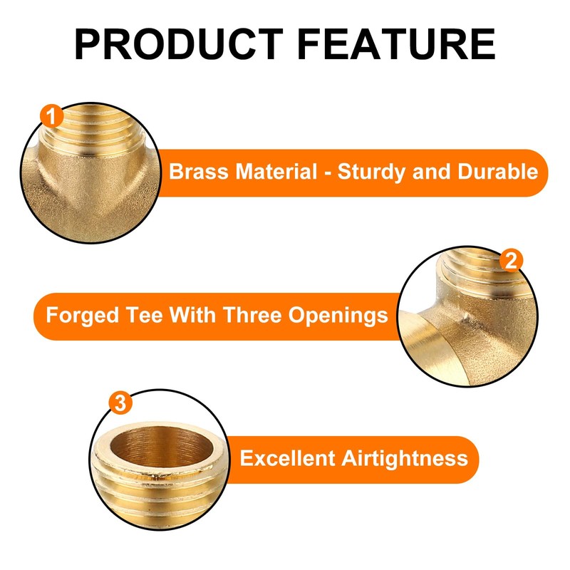sourcing map Brass Tee Pipe Fitting, 1/4" x 1/4" x