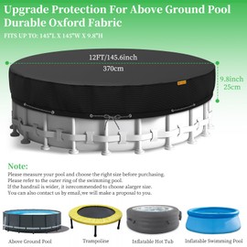 HIGHTQURO 12Ft Round Pool Cover,Heavy Duty Waterproof Round Pool Covers for Above Ground Pools with Ground Nails and Windproof Ropes,Increase Stability&Tear-Resistant, Waterproof and Dustproof, Black