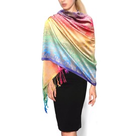 Bijoux de Ja Woven Rainbow color Elephant in Circle Pride Soft Fringe Pashmina Shawl Scarf Wrap (Rainbow 3)