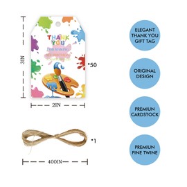 FORSHEEP Painting Party Favor Labels, 50pcs Thank You Tags with Twine, 2x3 inches, for Baby Shower, Artistic Events & Golf Themed Parties