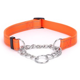 Pimaodog Martingale Dog Collar with Stainless Steel Chain, Martingale Collar with Reflective, Adjustable for Medium Large Dogs (M, Orange)