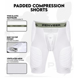 Penveer 5.0 Adult Football Girdle for Men with Cup Pocket - Padded Compression Shorts with Integrated Hip, Thigh & Tailbone Pads for Maximum Protection (White, AM)