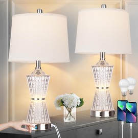 26" Modern Table Lamps, Set of 2 Table Lamp Night Light with 2 USB Charging Ports & AC Outlet, Bedside Nightstand Lamp White Shade for Living Room Bedroom Home Decor Silver(LED Bulbs Included)