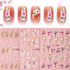 5D Flower Nail Stickers for Nail Art, 3 Sheets Embossed Nail Decals Self Adhesive Nail Art Stickers, Pink White Floral Leaf Cherry Blossom Nail Decorations Accessories for Women Girls Spring Summer