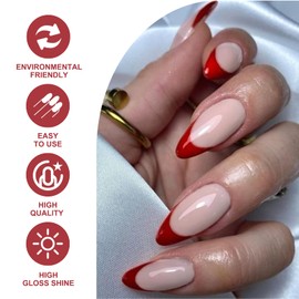 Almond Press On Nails Short - Red French Tip False Nails Nude Based - Stiletto Glossy Removable Fake Nails With Glue - Full Cover Acrylic Stick On nails For Women Girls Nail Art Gifts Accessories