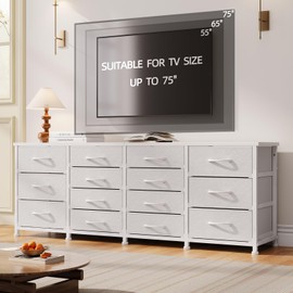 RAWERHOM 63 Inch TV Stand Dresser for Bedroom, Long White Dresser with 14 Fabric Drawers for 65 70 75 Inch TV, Entertainment Center with Storage Media TV Console Table