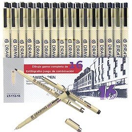 SNORF Estilografos (16 PCS), Rotuladores, Plumas de Dibujo Negro | 16 Estilógrafos de Diferentes Tipos y Tamaños, Adecuado para Dibujos Finos, Cómics, Diseño Arquitectónico y Otras Creaciones