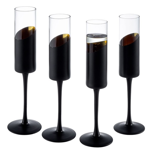 MyGift Copas para champaña con tallo redondo y diseño inclinado en color negro con acabado mate, tiene capacidad para 6 onzas. Juego de 4