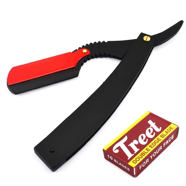 Classic Barber Shaving Razor Straight Black With Red Latch Men